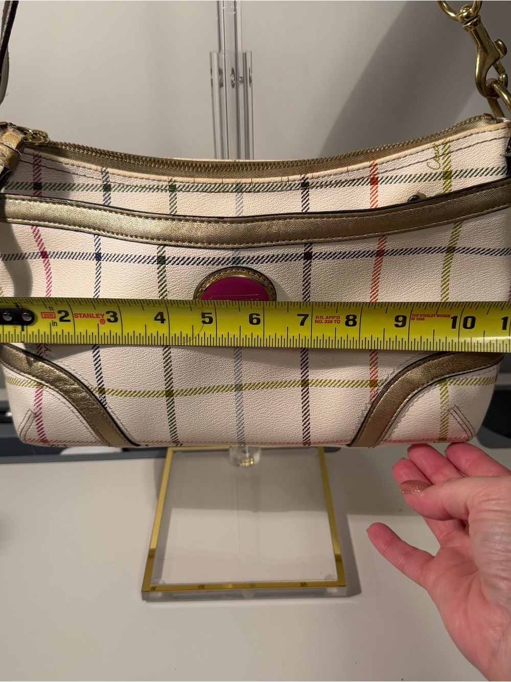 Coach Cream Plaid Shoulder Bag with Pink Logo Accent - Picture 9 of 11